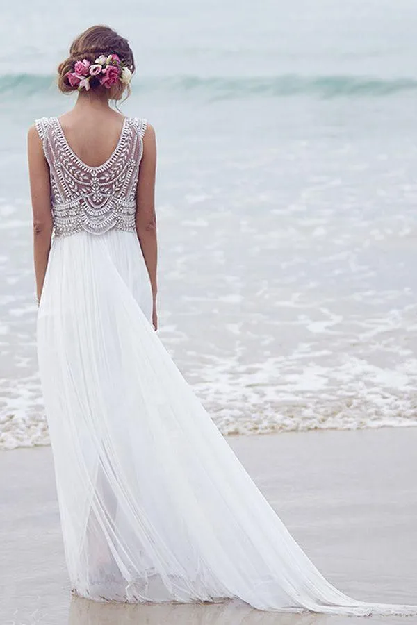Beautiful A-line V-neck Sweep Train Sleeveless Tulle Bridal Gown Wedding Dresses with Beading OHD137