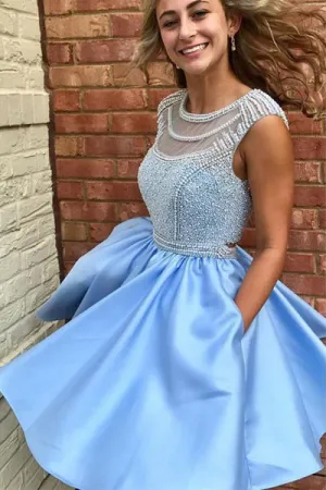 Beautiful Homecoming Dresses A Line Cute Beading Short Prom Dress Party Dress OHM137