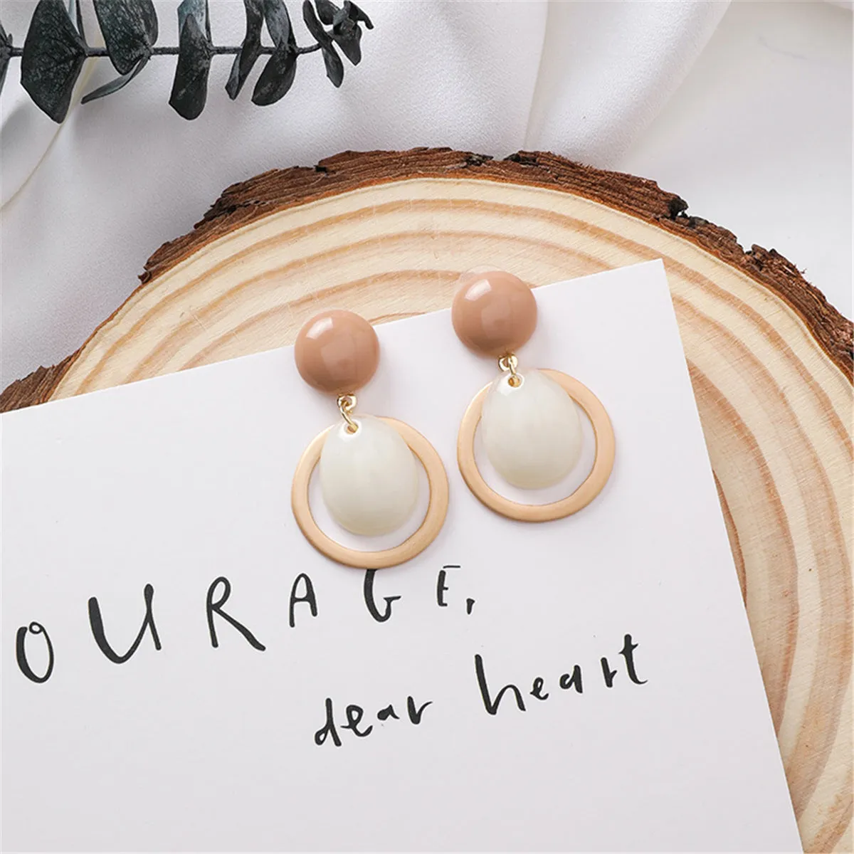 Beige & 18K Gold-Plated Two-Tier Drop Earrings