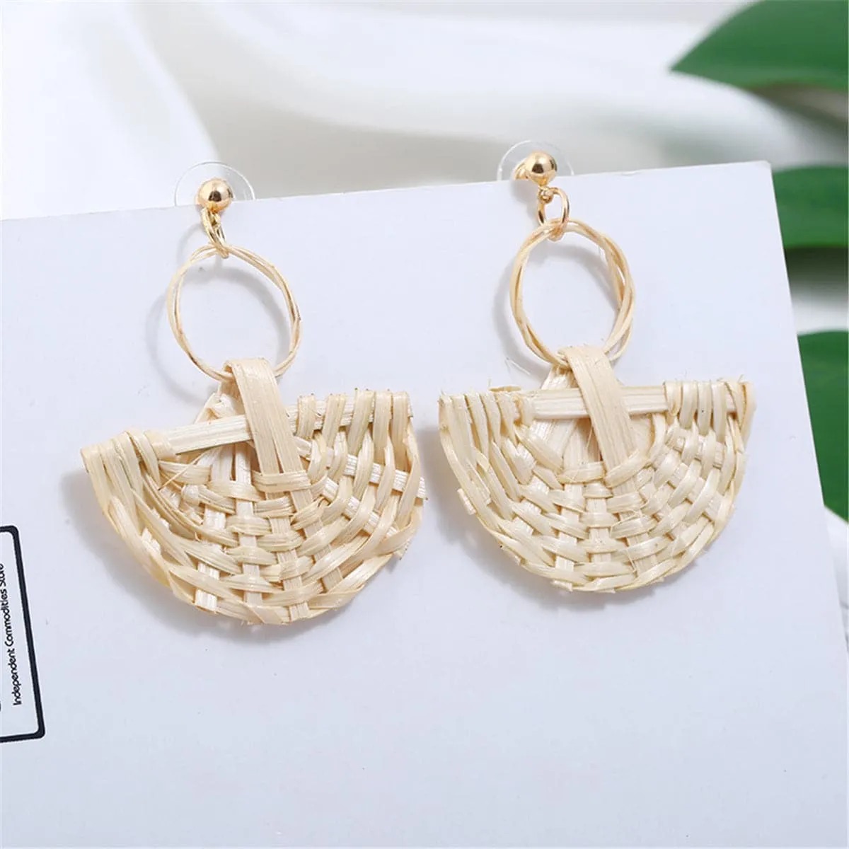 Beige Rattan Fan Drop Earrings