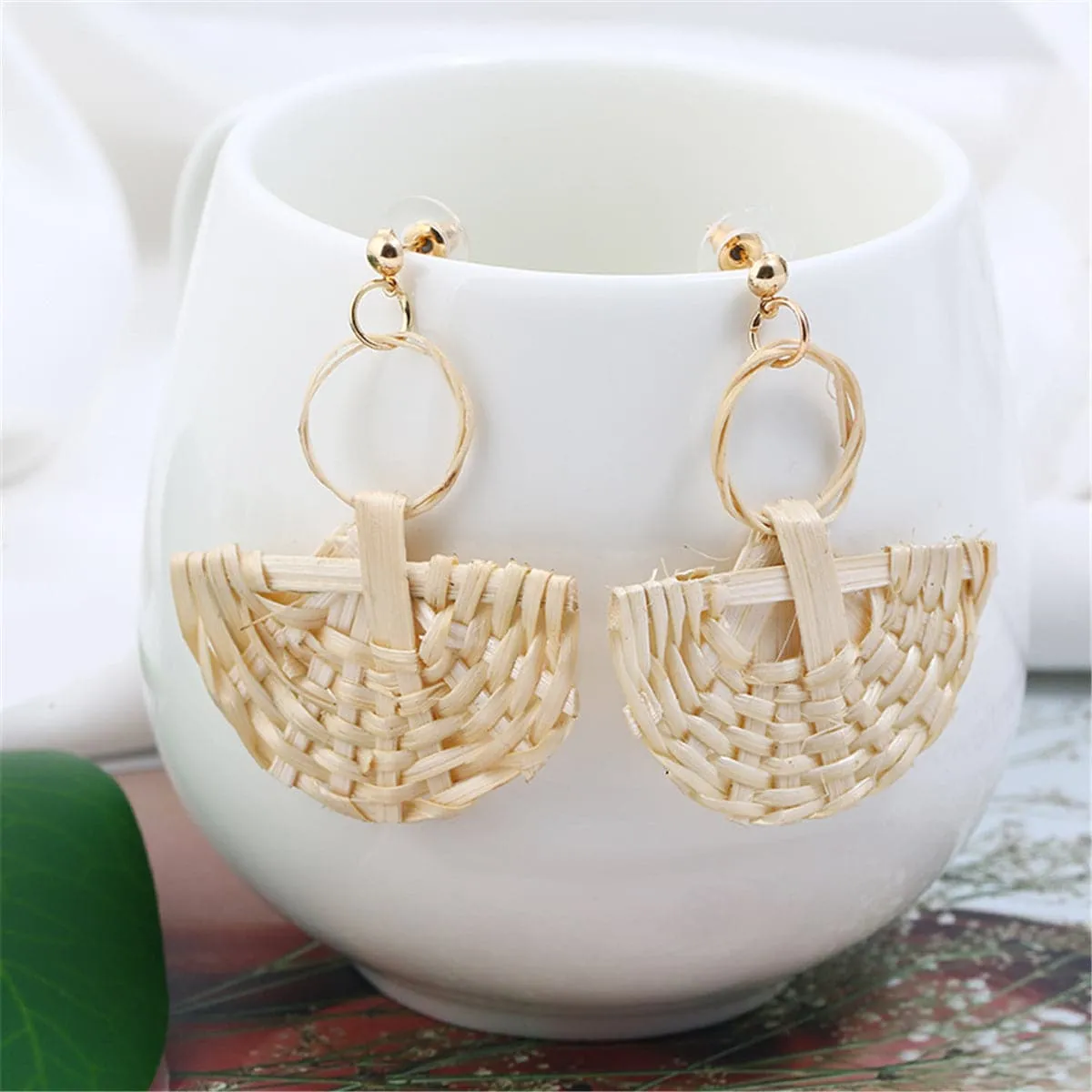 Beige Rattan Fan Drop Earrings