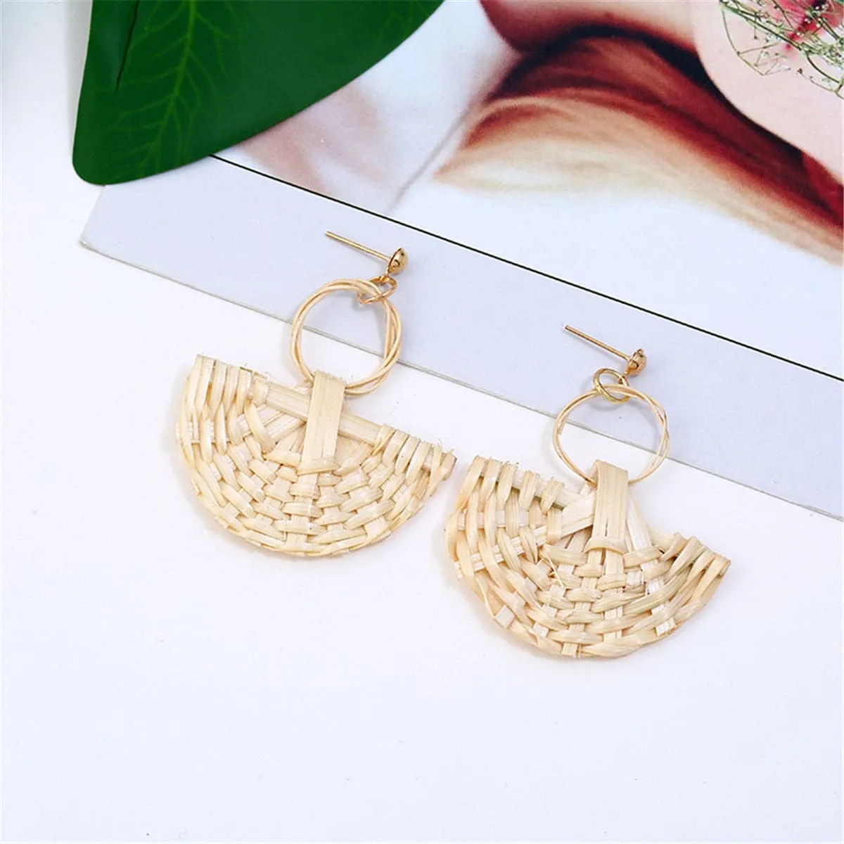 Beige Rattan Fan Drop Earrings