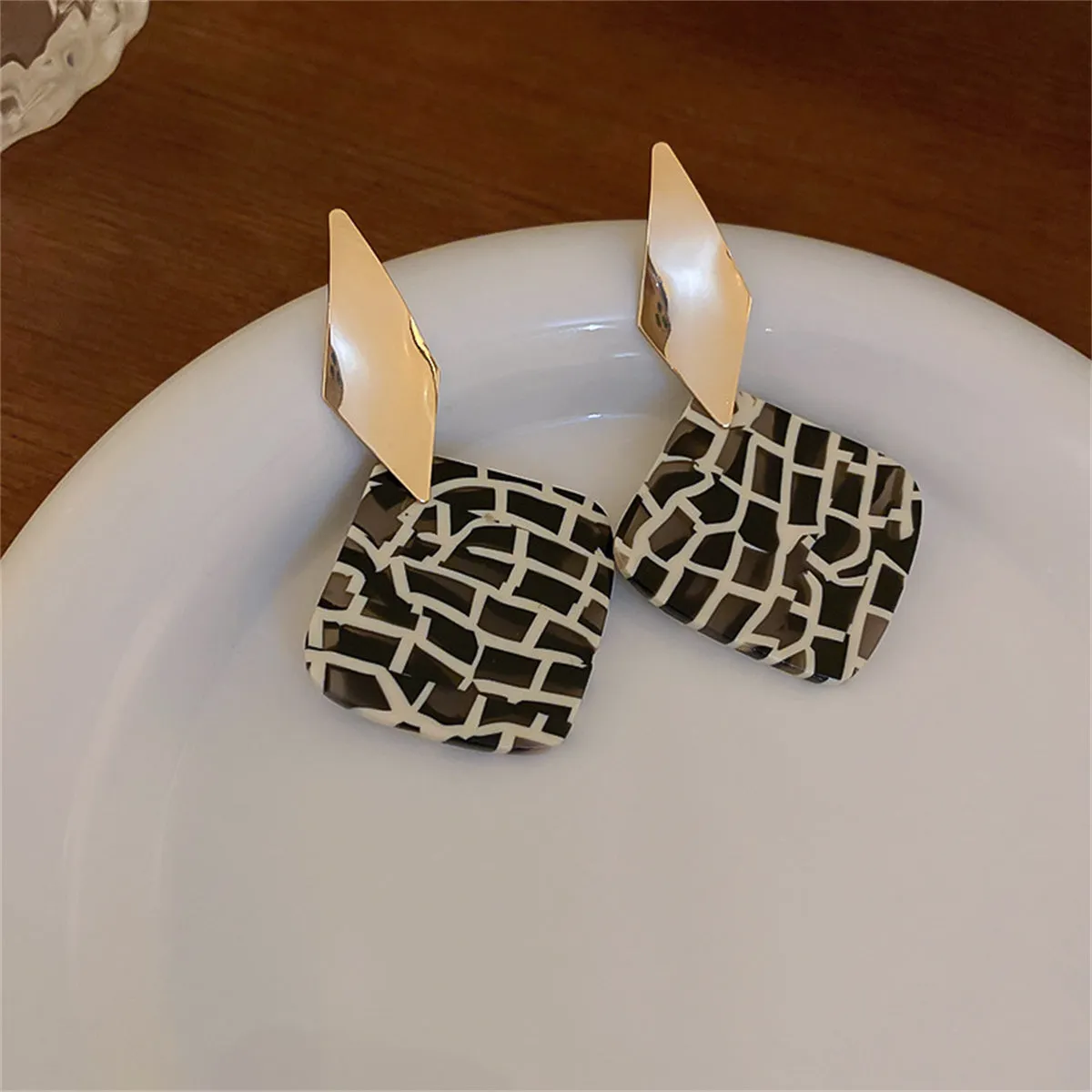 Black Acrylic & 18K Gold-Plated Geometric Rhombus Drop Earrings