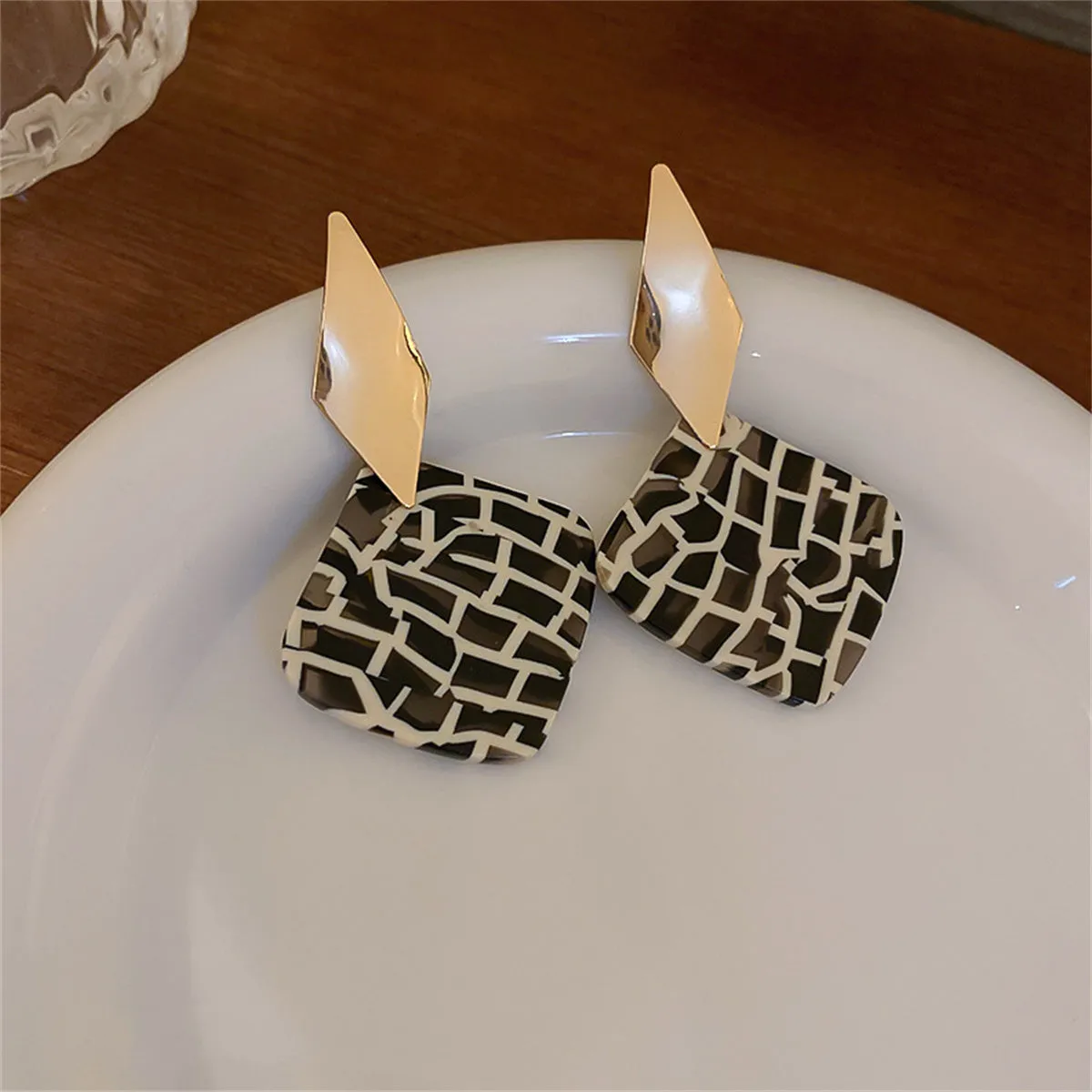 Black Acrylic & 18K Gold-Plated Geometric Rhombus Drop Earrings