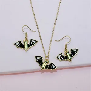 Black & 18K Gold-Plated Bat Pendant Necklace & Drop Earrings