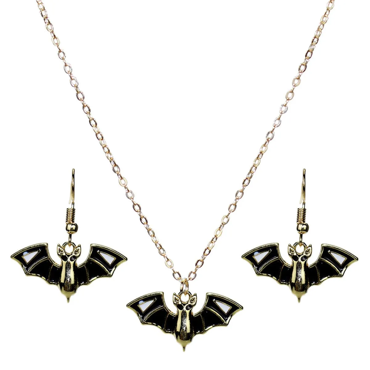Black & 18K Gold-Plated Bat Pendant Necklace & Drop Earrings