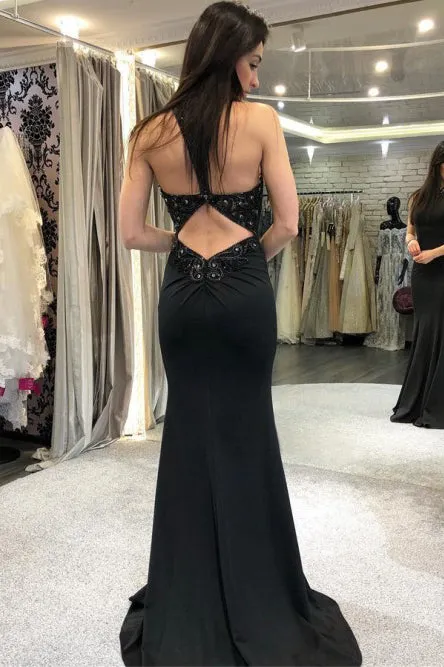 Black Crew Open Back Long Prom Dress Mermaid Beaded Evening Dress LPD094