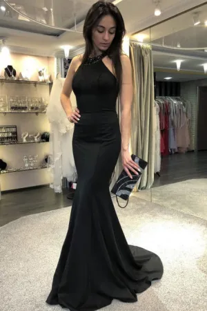 Black Crew Open Back Long Prom Dress Mermaid Beaded Evening Dress LPD094