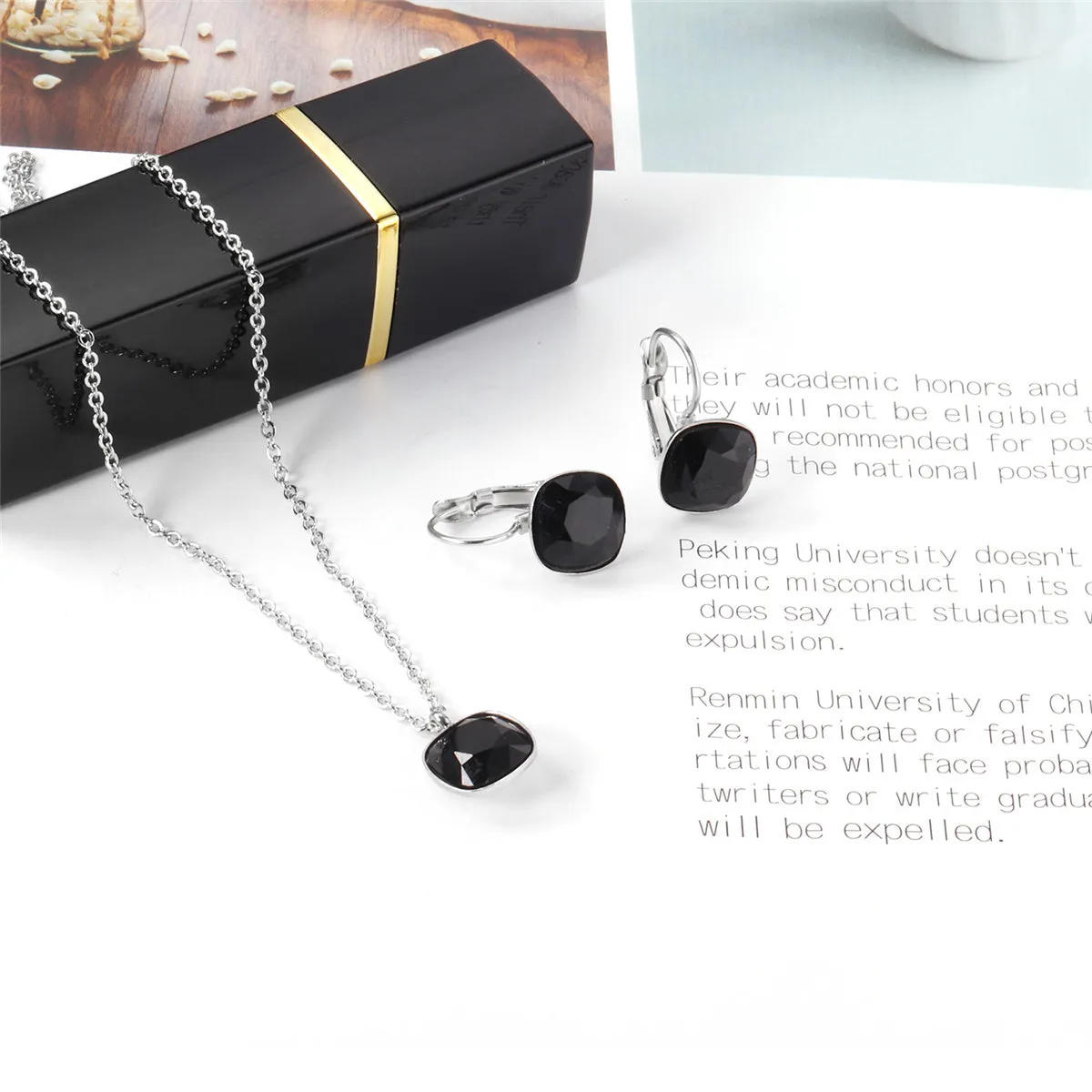 Black Crystal & Silver-Plated Square Pendant Necklace & Huggie Earrings