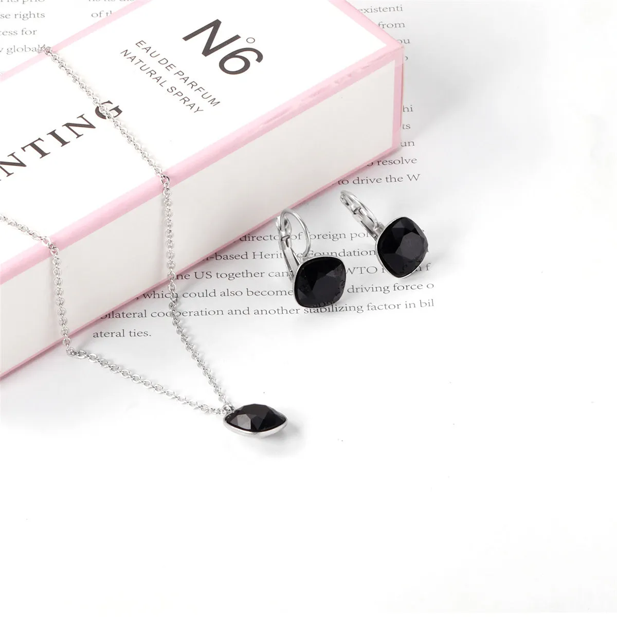 Black Crystal & Silver-Plated Square Pendant Necklace & Huggie Earrings