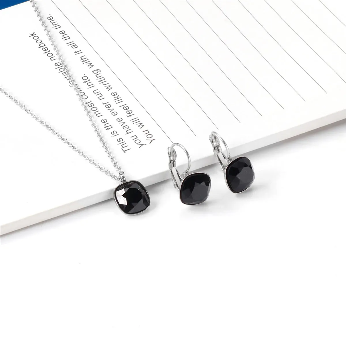 Black Crystal & Silver-Plated Square Pendant Necklace & Huggie Earrings