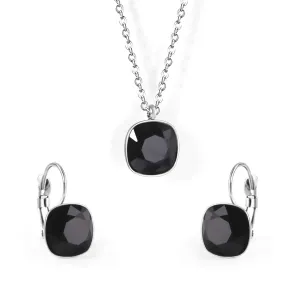Black Crystal & Silver-Plated Square Pendant Necklace & Huggie Earrings