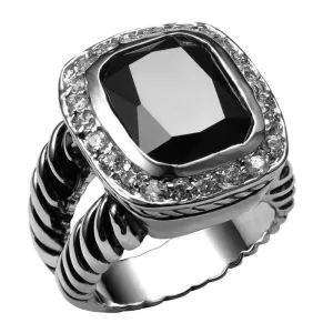 Black Crystal Stone 925 Sterling Silver Ring for Women