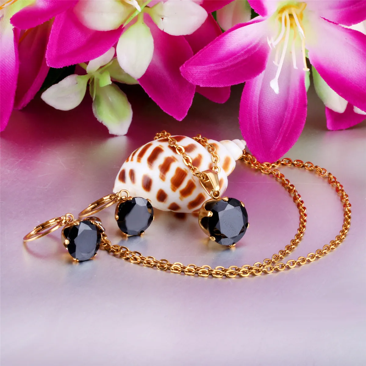 Black Cubic Zirconia & 18K Gold-Plated Huggie Earrings & Pendant Necklace