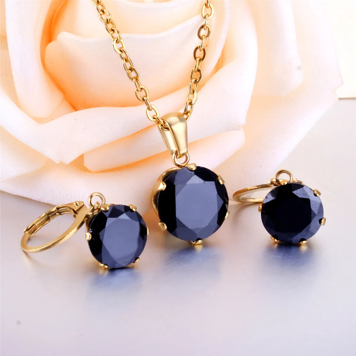 Black Cubic Zirconia & 18K Gold-Plated Huggie Earrings & Pendant Necklace