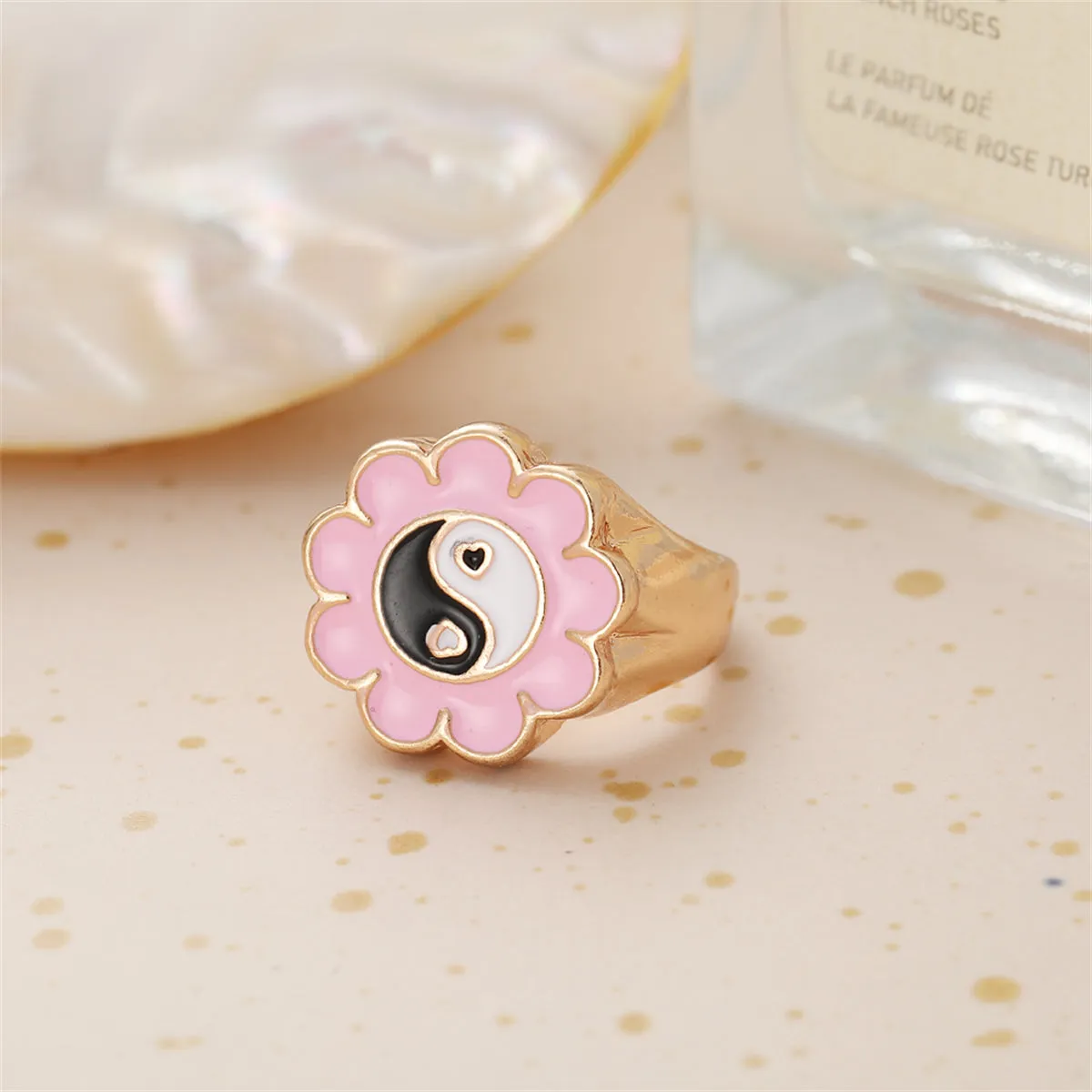 Black Enamel & 18K Gold-Plated Yin Yang Flower Ring