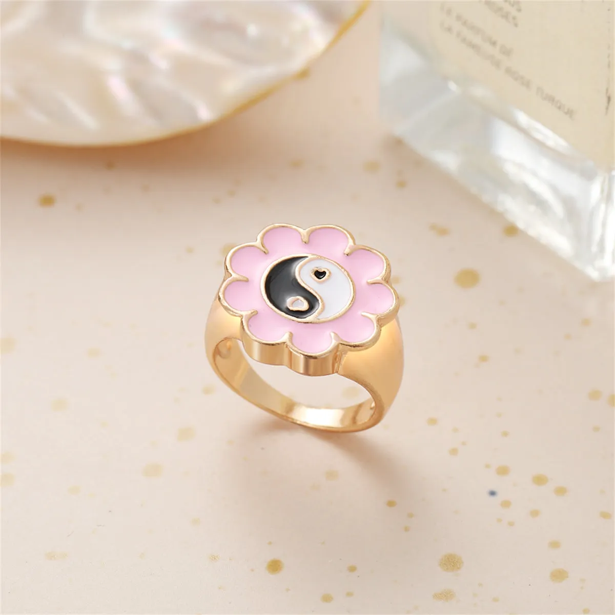 Black Enamel & 18K Gold-Plated Yin Yang Flower Ring