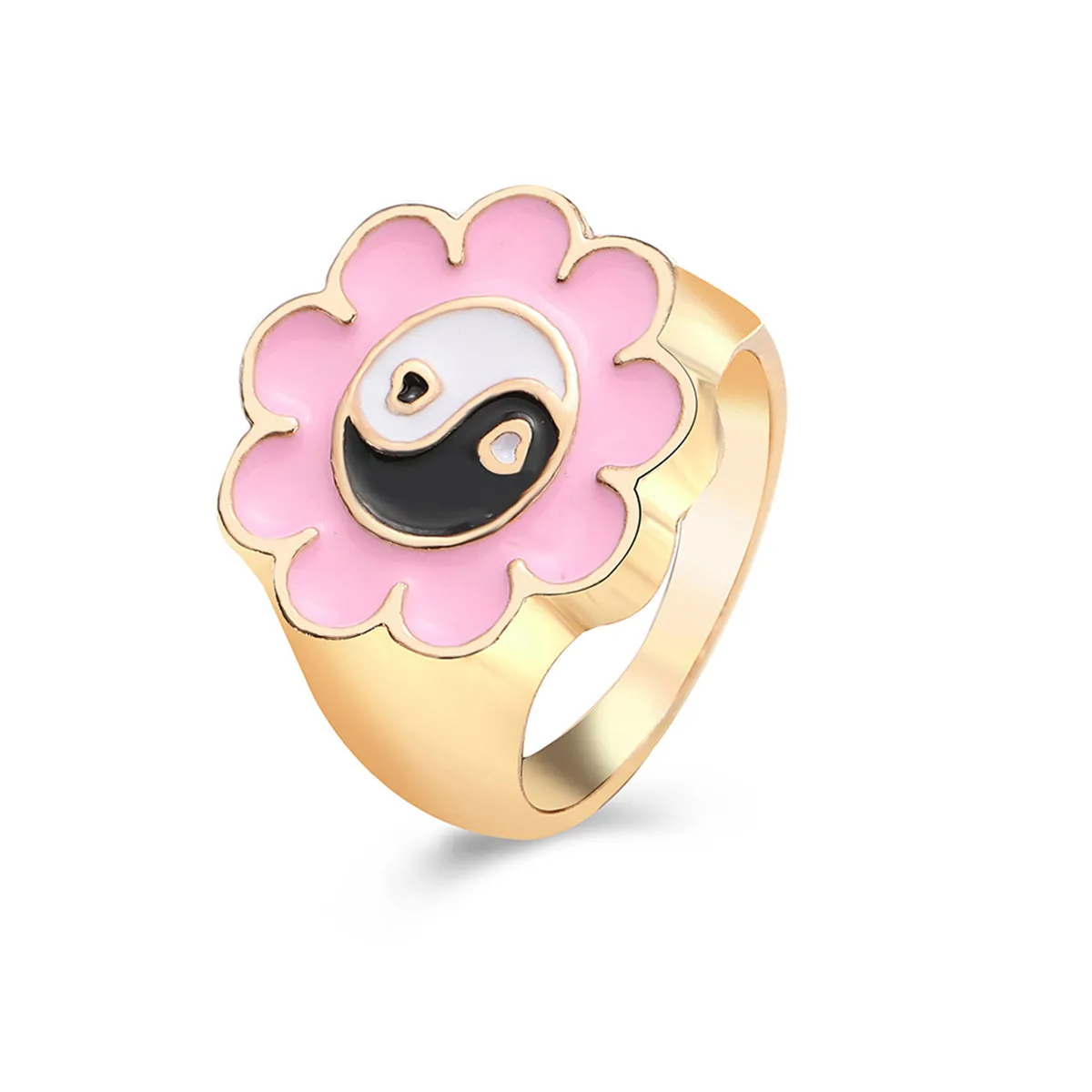 Black Enamel & 18K Gold-Plated Yin Yang Flower Ring