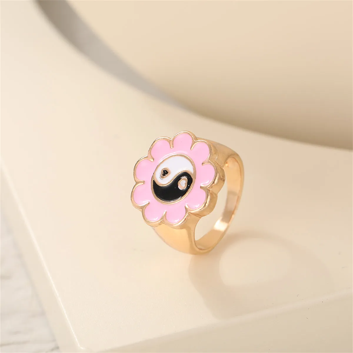 Black Enamel & 18K Gold-Plated Yin Yang Flower Ring