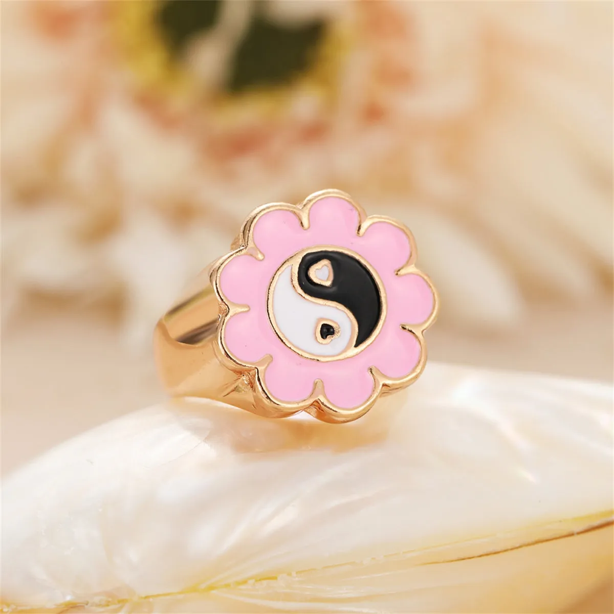 Black Enamel & 18K Gold-Plated Yin Yang Flower Ring