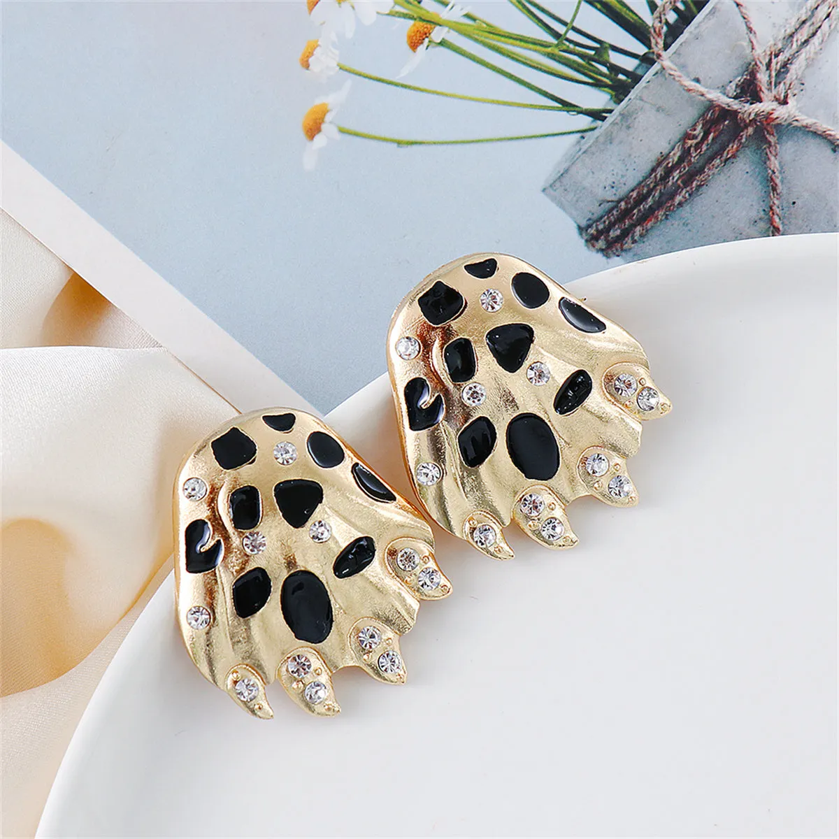 Black Enamel & Cubic Zirconia 18K Gold-Plated Leopard Paw Stud Earrings