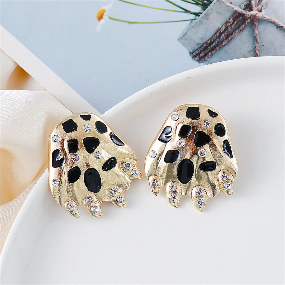 Black Enamel & Cubic Zirconia 18K Gold-Plated Leopard Paw Stud Earrings