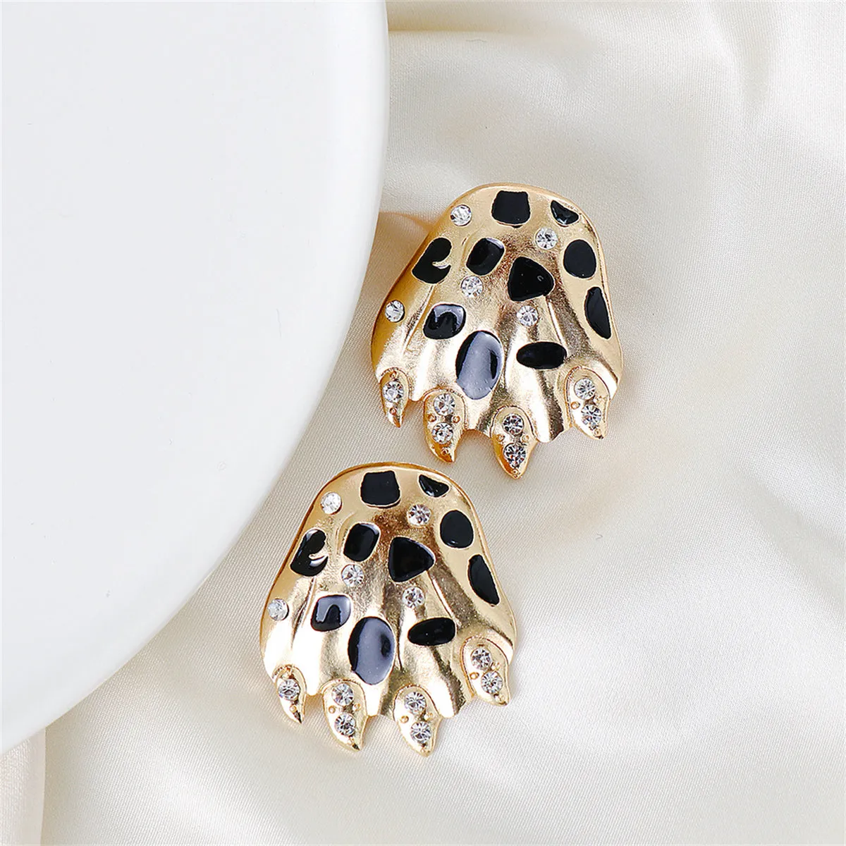 Black Enamel & Cubic Zirconia 18K Gold-Plated Leopard Paw Stud Earrings
