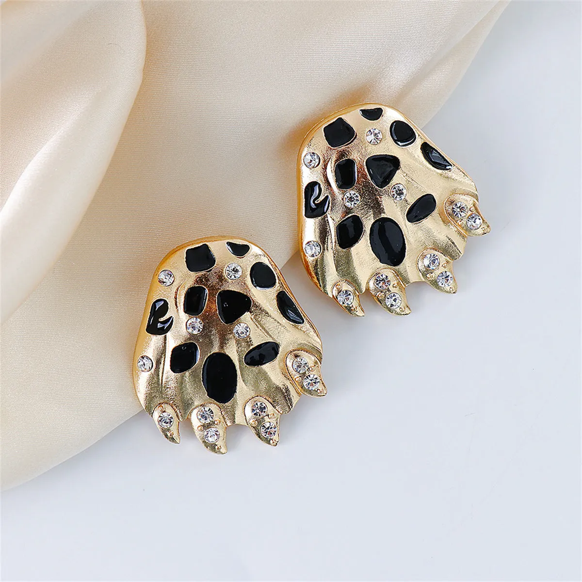 Black Enamel & Cubic Zirconia 18K Gold-Plated Leopard Paw Stud Earrings