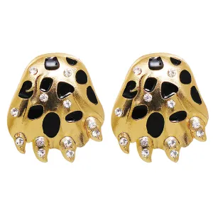 Black Enamel & Cubic Zirconia 18K Gold-Plated Leopard Paw Stud Earrings