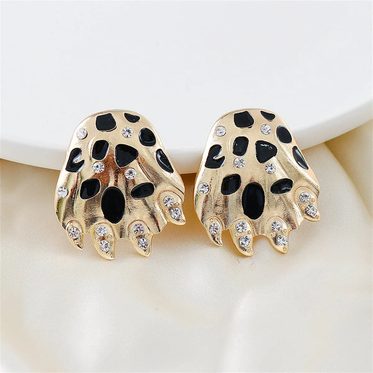 Black Enamel & Cubic Zirconia 18K Gold-Plated Leopard Paw Stud Earrings