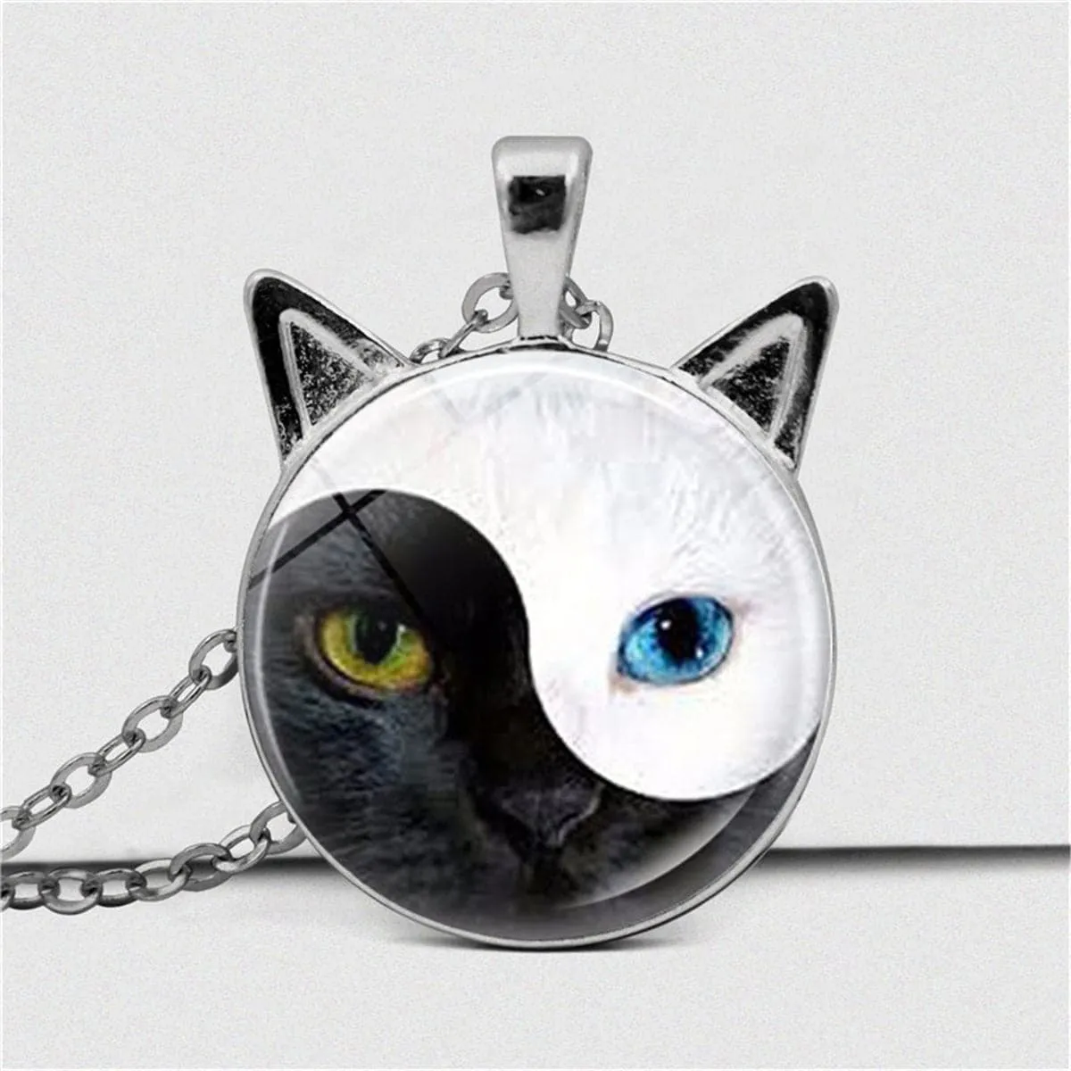Black Glass & Silver-Plated Yin & Yang Cat Pendant Necklace