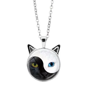 Black Glass & Silver-Plated Yin & Yang Cat Pendant Necklace