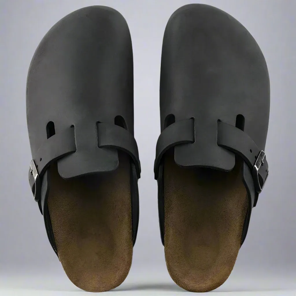 Black Leather Pedestal Platforms Clogs - Clogs