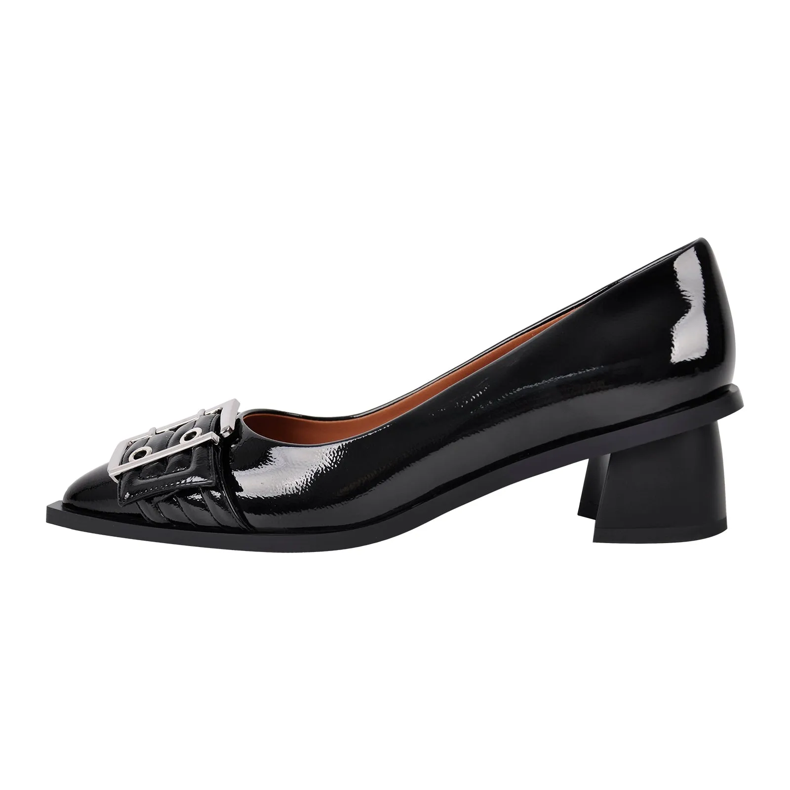 Black Pointed Toe Buckle Chunky Heel Pumps