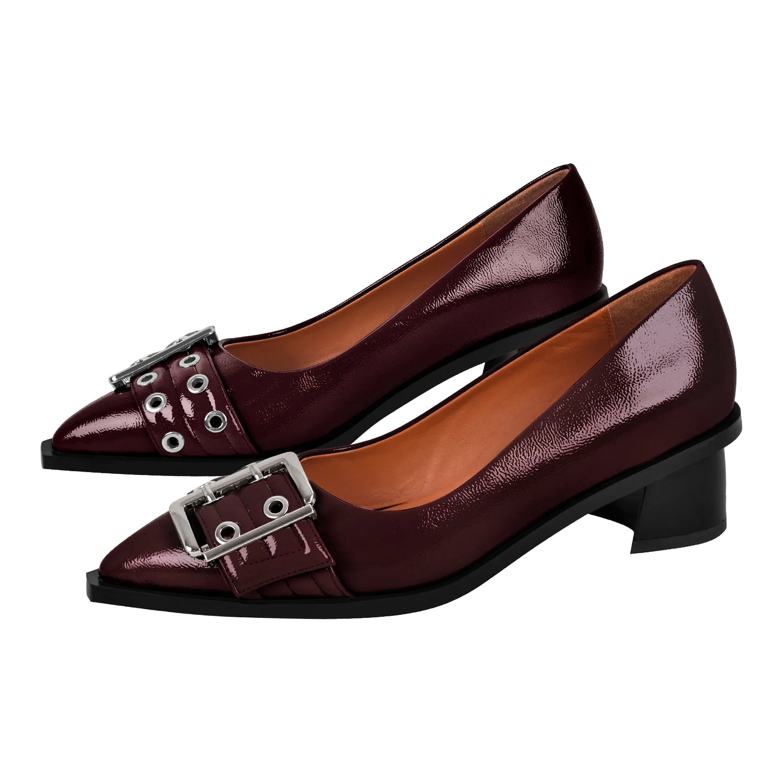 Black Pointed Toe Buckle Chunky Heel Pumps