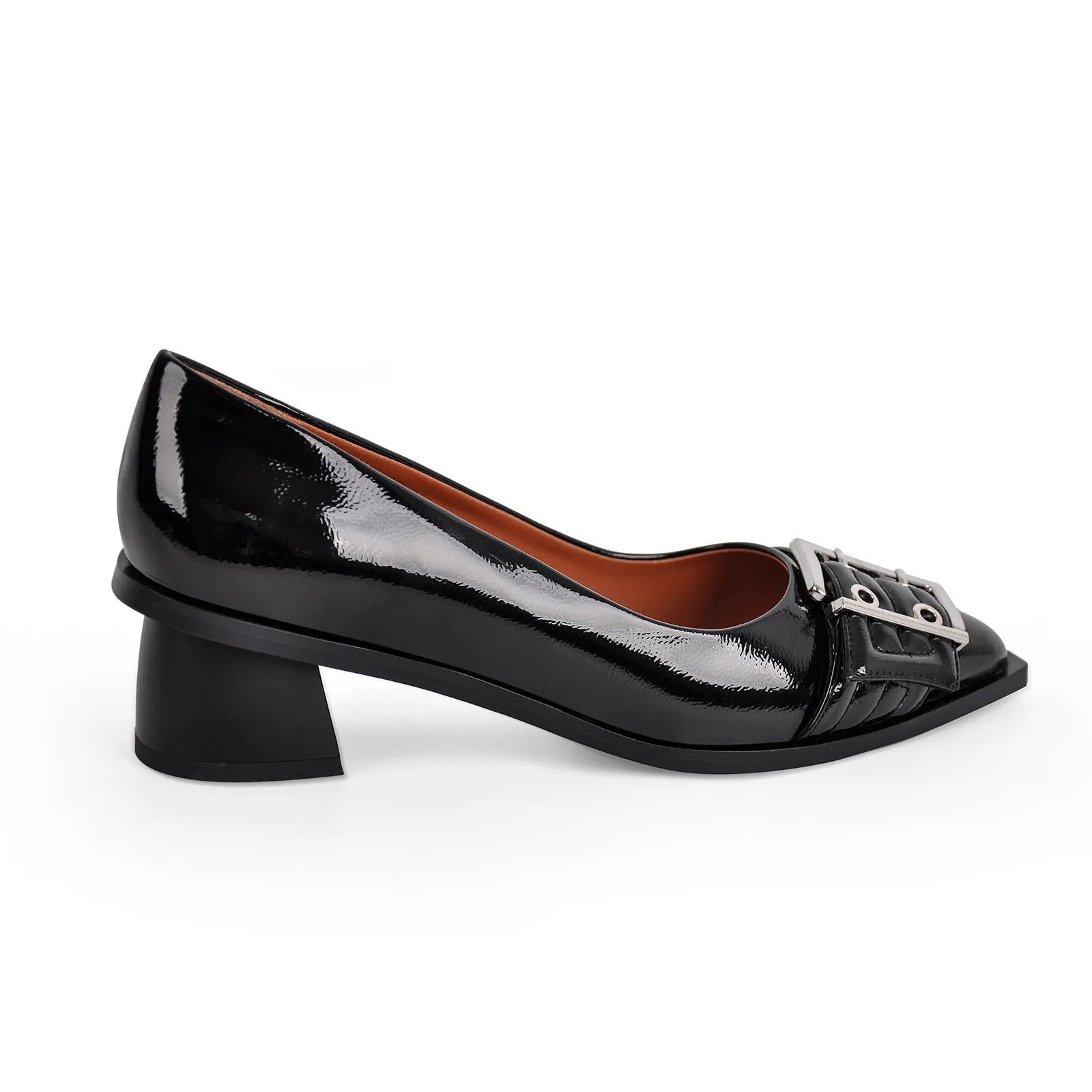 Black Pointed Toe Buckle Chunky Heel Pumps