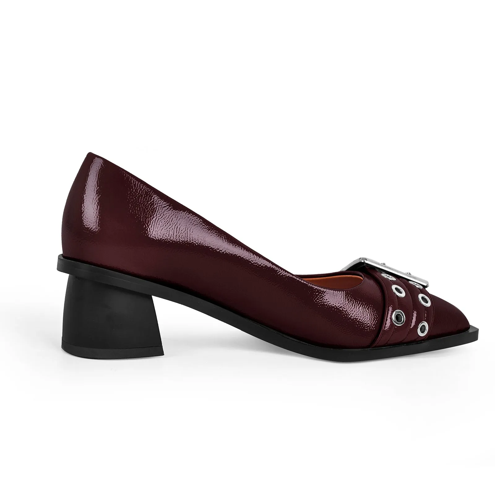 Black Pointed Toe Buckle Chunky Heel Pumps