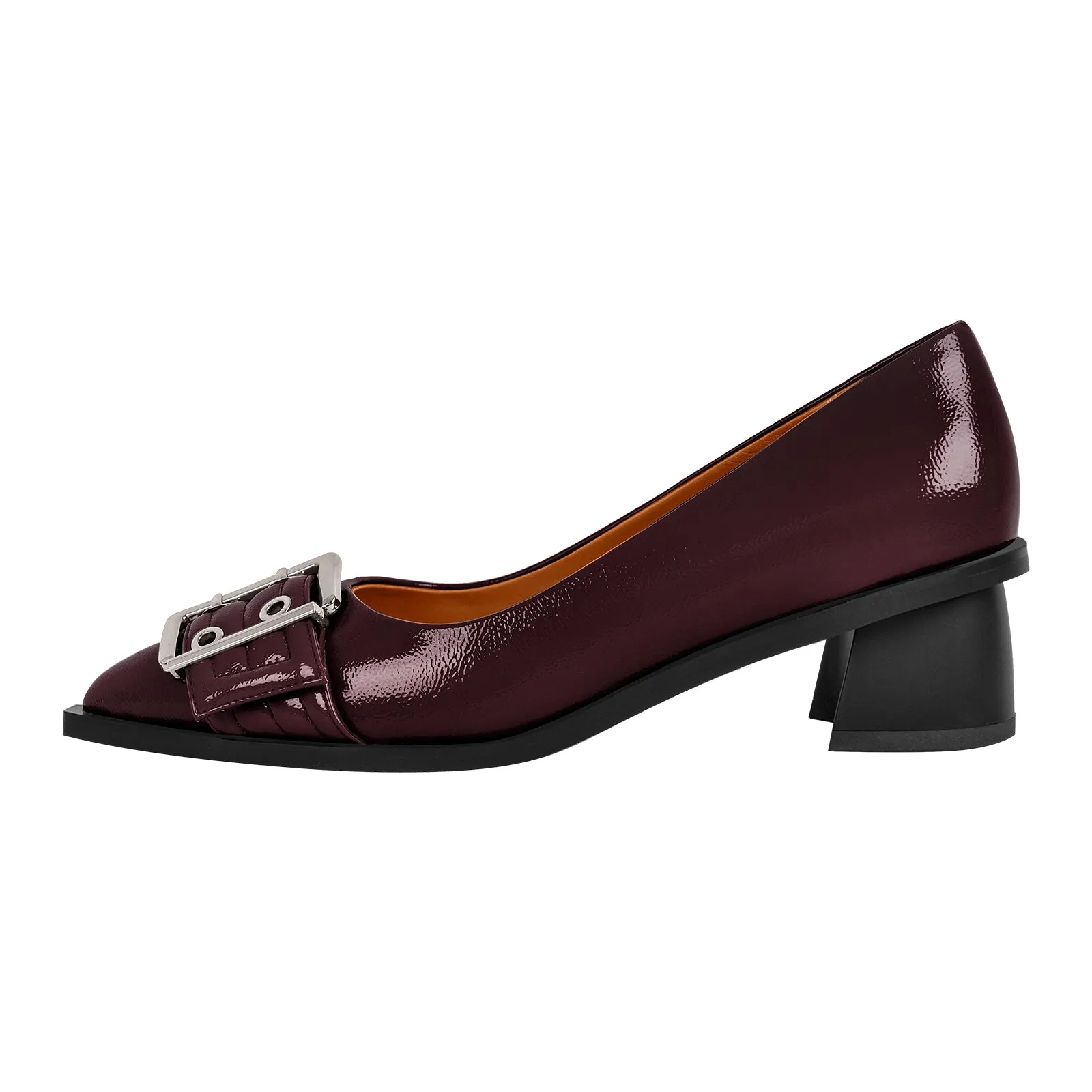 Black Pointed Toe Buckle Chunky Heel Pumps