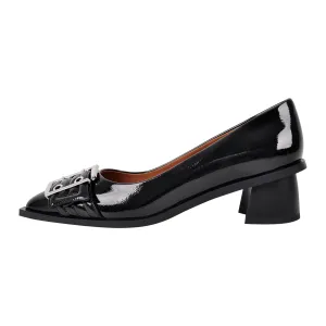 Black Pointed Toe Buckle Chunky Heel Pumps