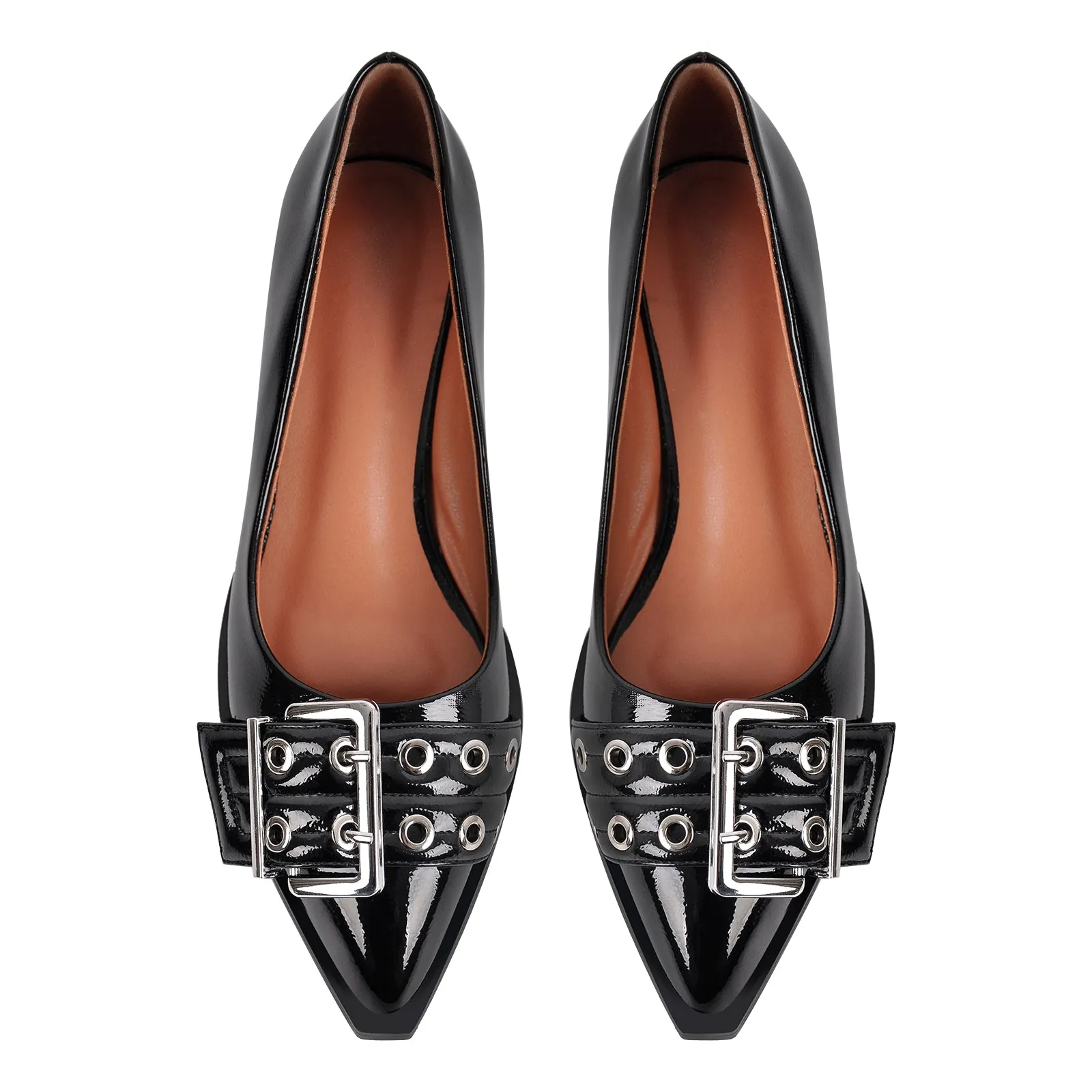 Black Pointed Toe Buckle Chunky Heel Pumps