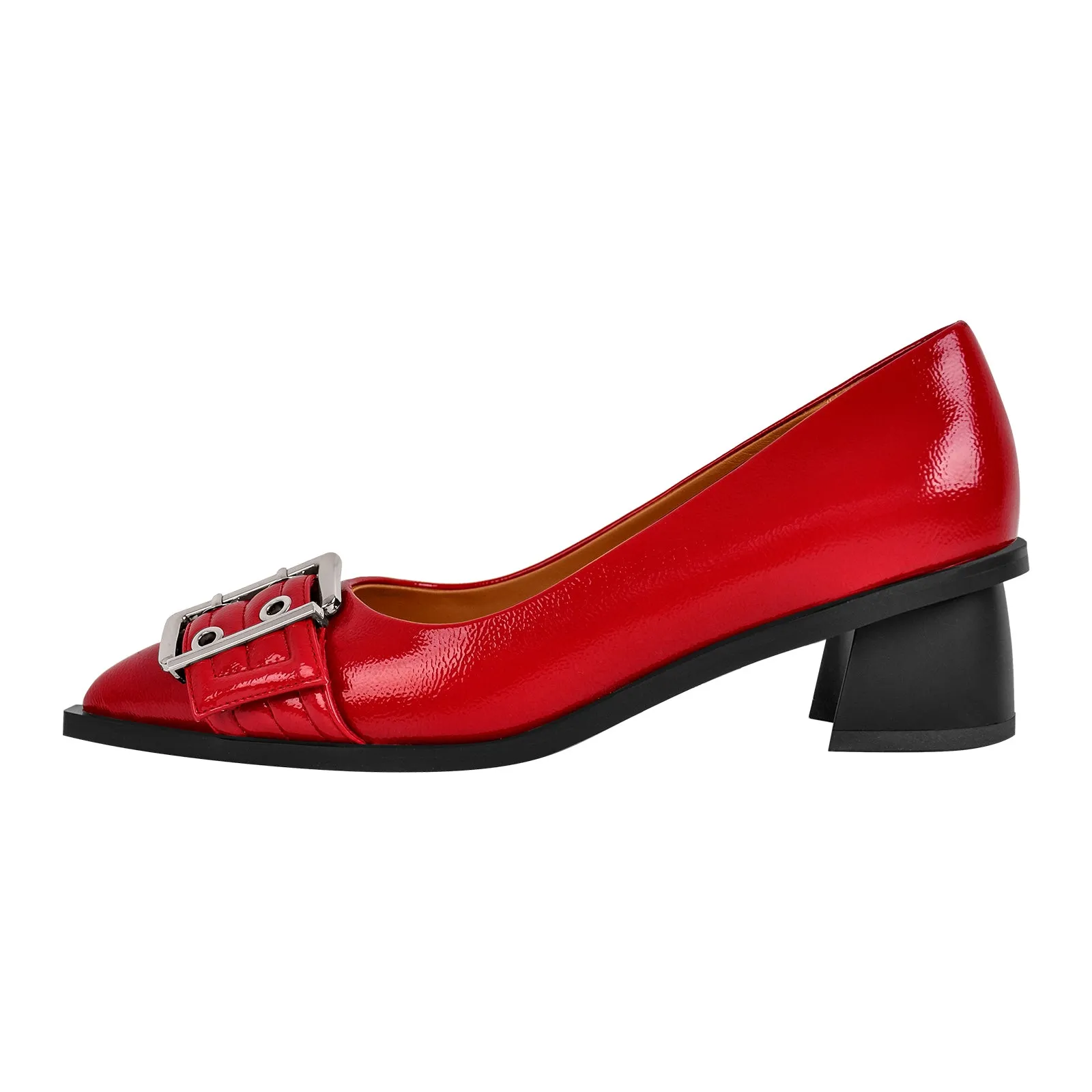 Black Pointed Toe Buckle Chunky Heel Pumps