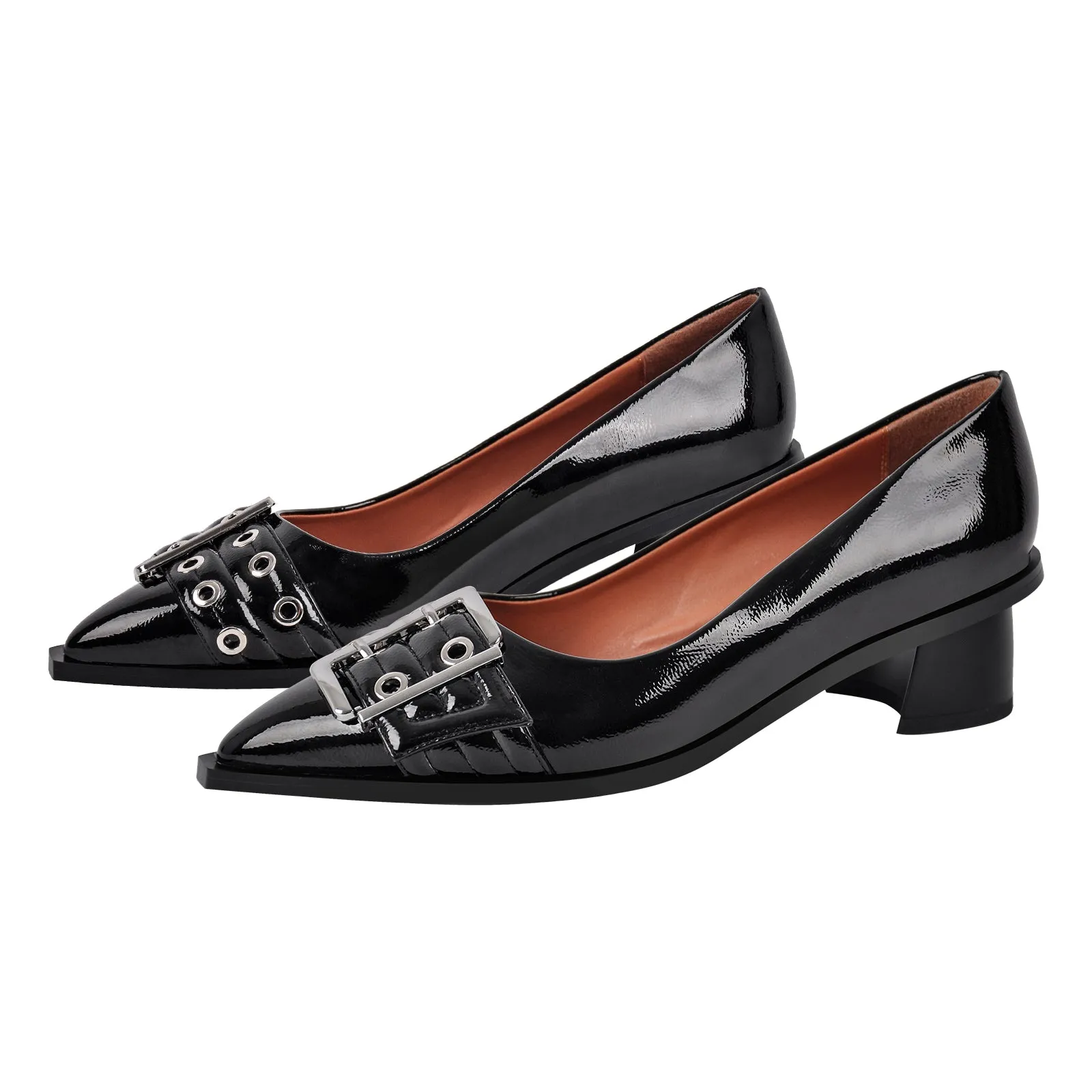 Black Pointed Toe Buckle Chunky Heel Pumps