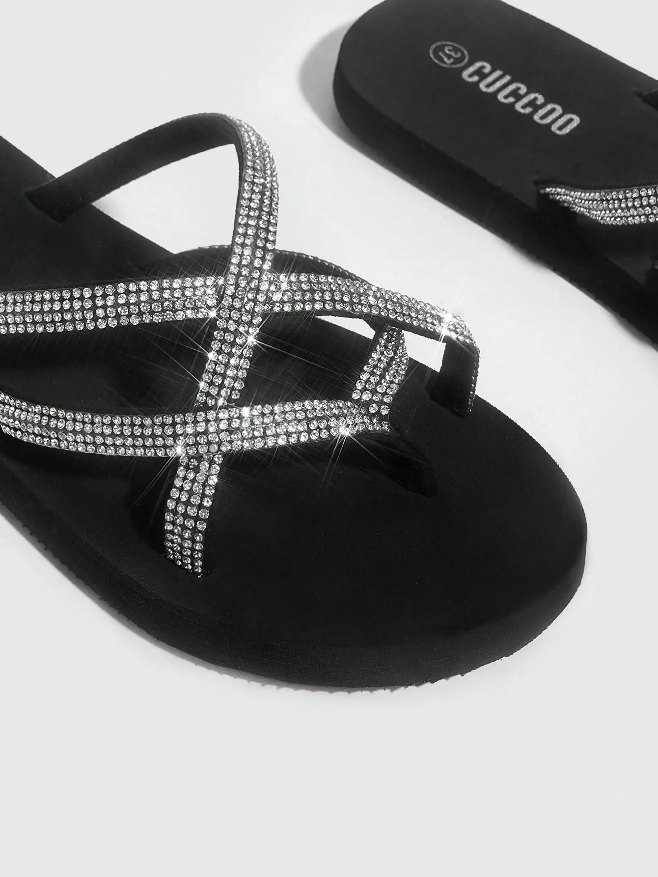 Black Rhinestone Decorated Slippers