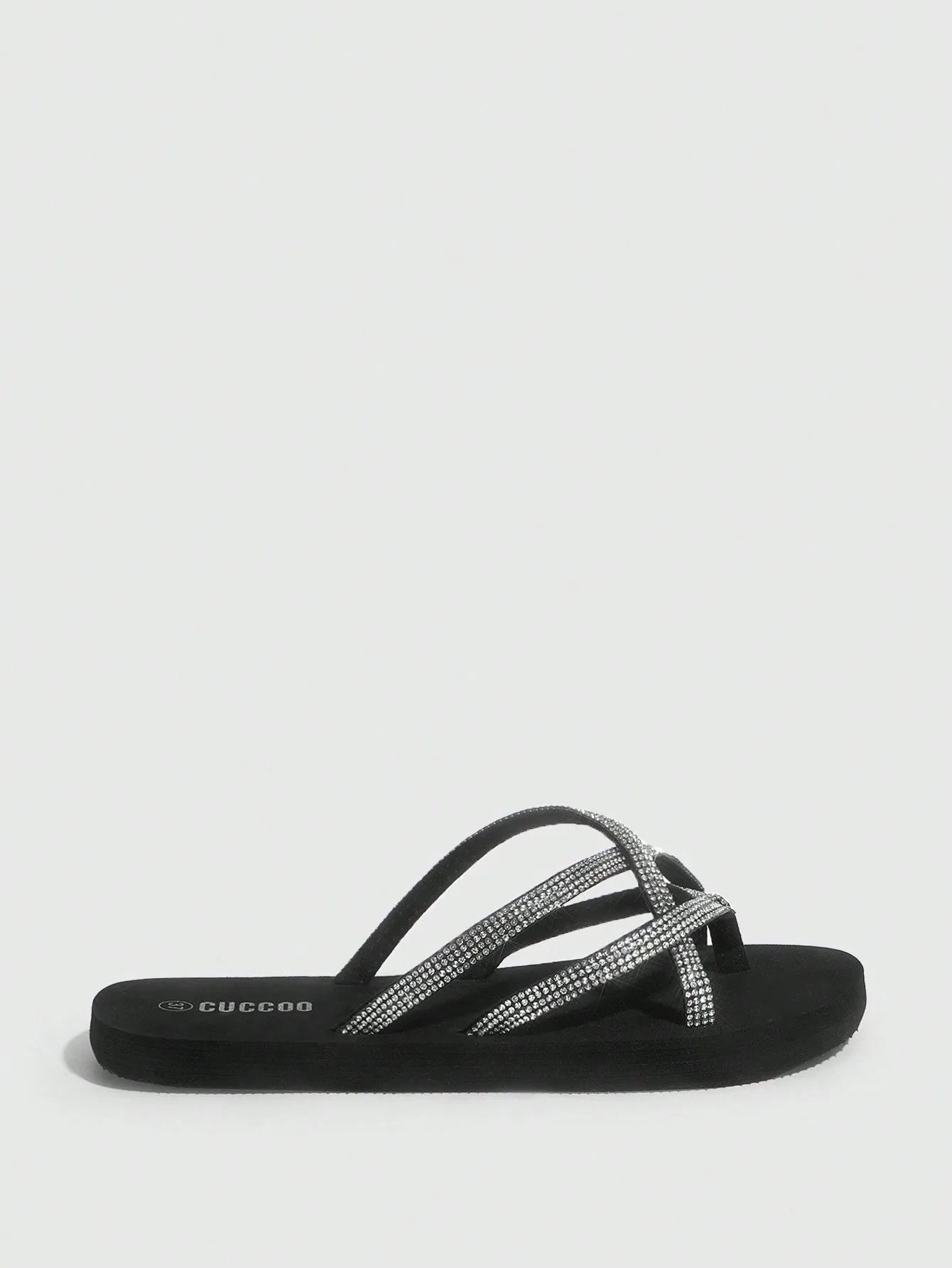 Black Rhinestone Decorated Slippers