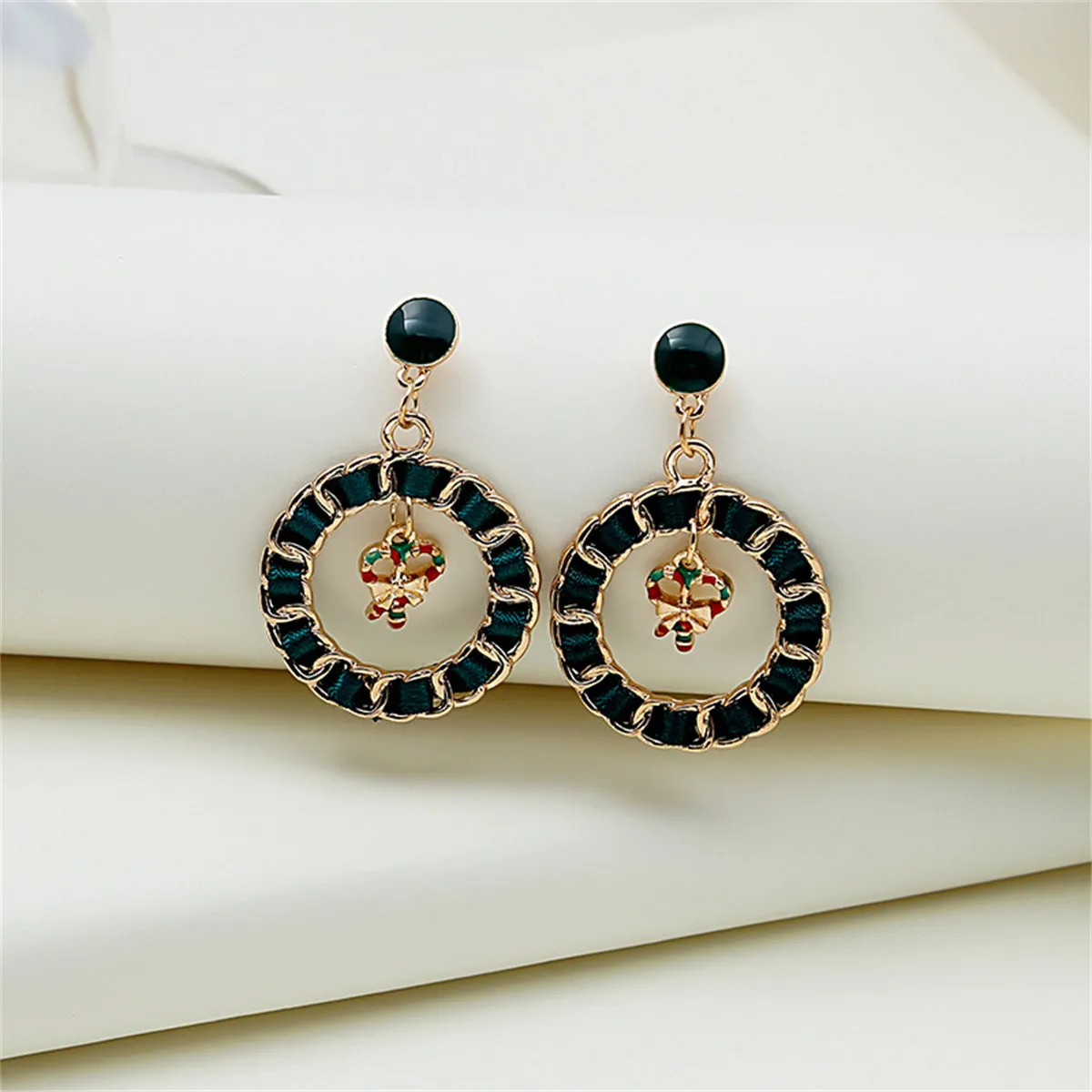 Black Ribbon & Enamel 18K Gold-Plated Candy Cane Figaro Drop Earrings