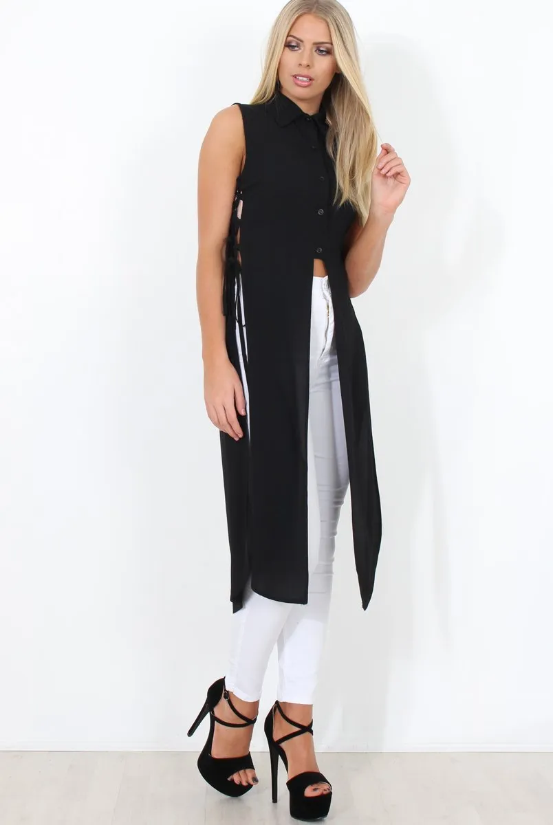 Black Split Detail Longline Shirt - Eva
