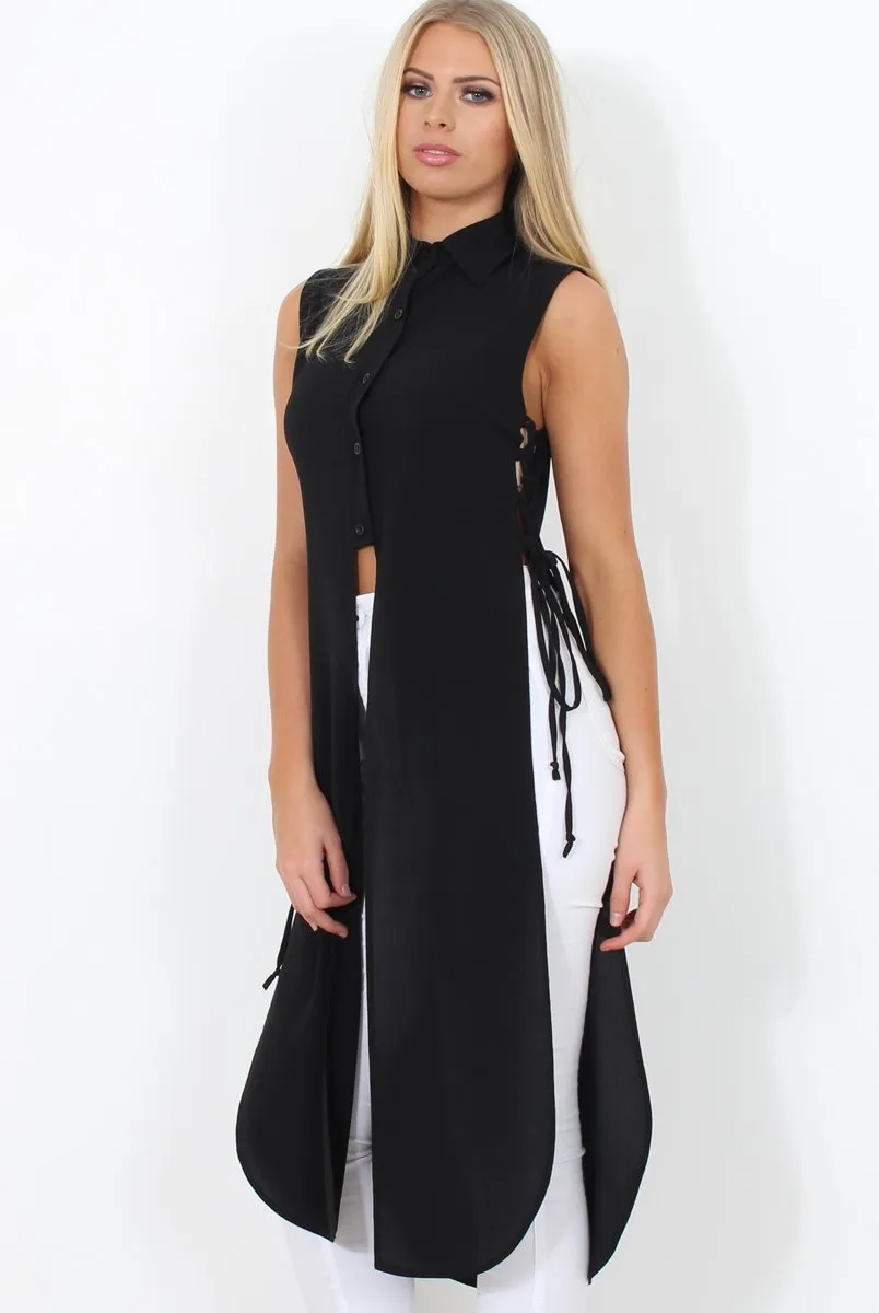Black Split Detail Longline Shirt - Eva