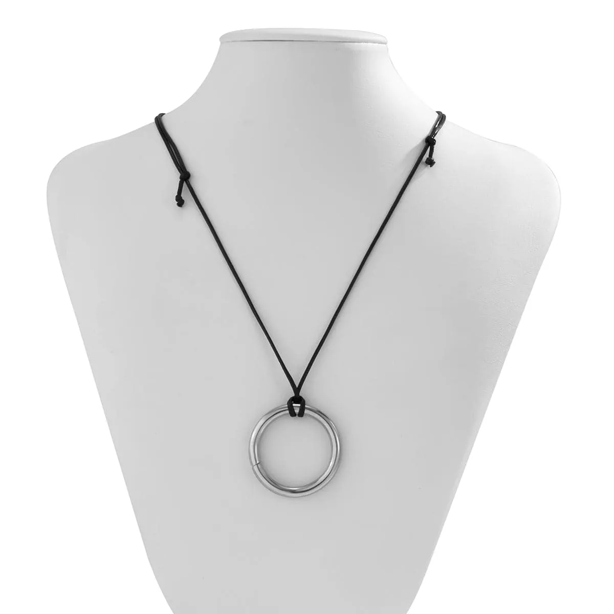 Black Yarn & Silver-Plated Circle Pendant Necklace