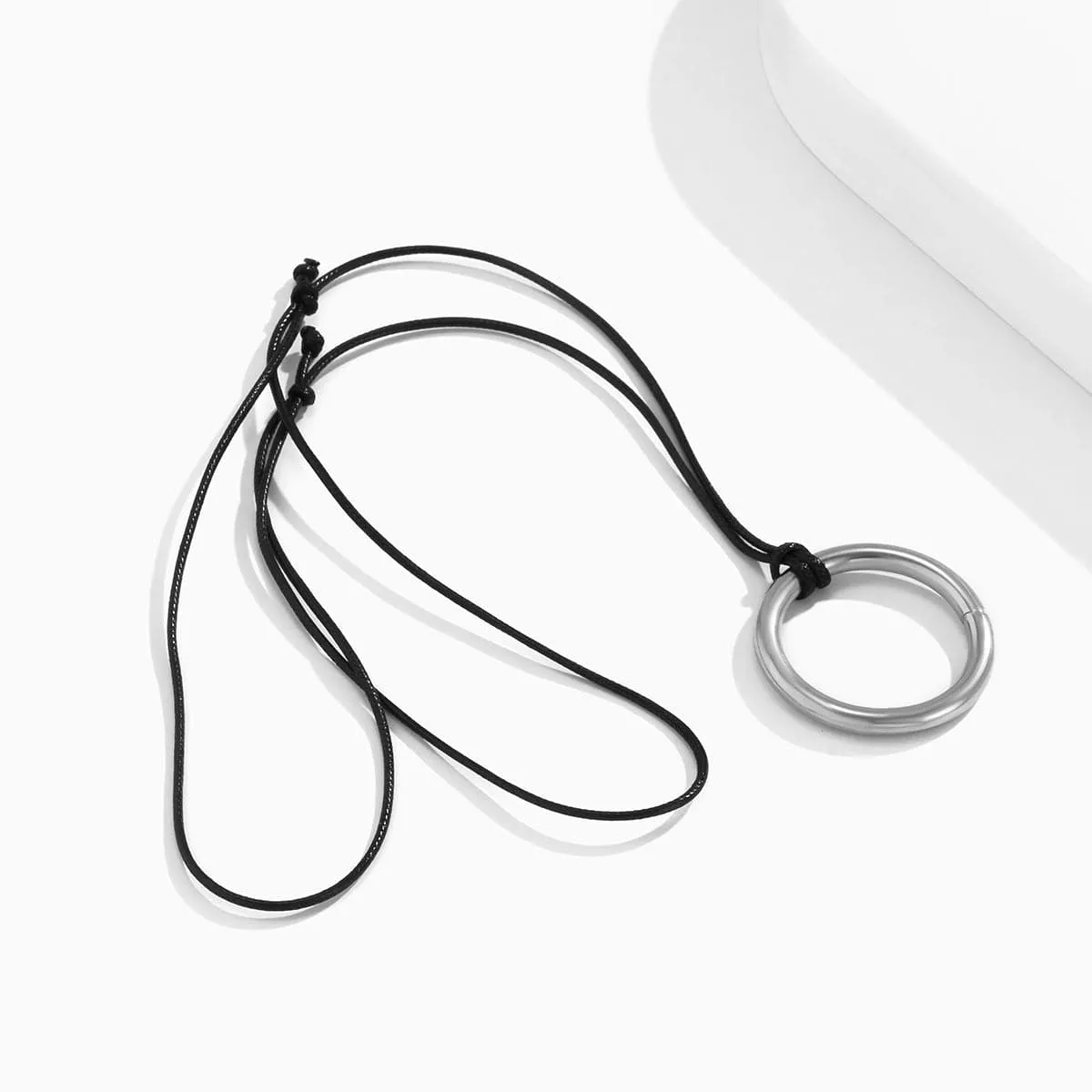 Black Yarn & Silver-Plated Circle Pendant Necklace