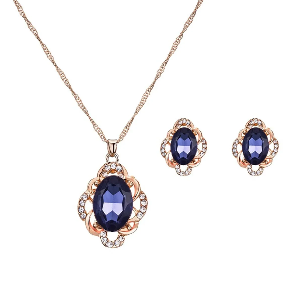 Blue & 18K Rose Gold-Plated Oval Pendant Necklace & Stud Earrings